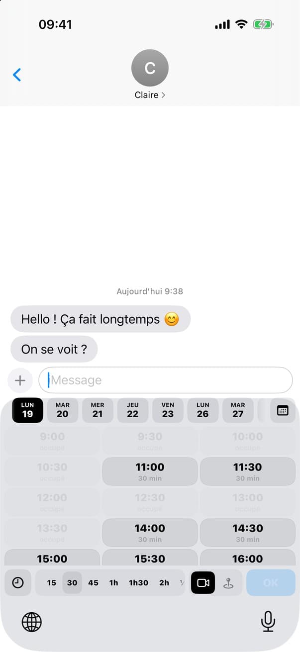 Capture HitMeUp : le clavier HitMeUp ouvert dans une conversation de démo