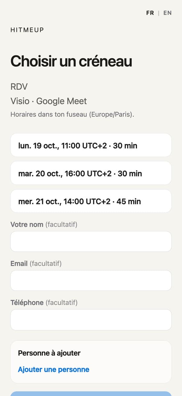 Capture HitMeUp : page « Choisir un créneau »