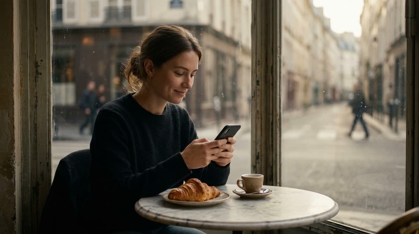 Une femme écrit un message à une table de café