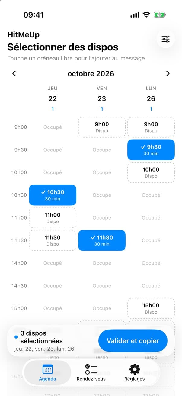 Capture HitMeUp : sélection des dispos